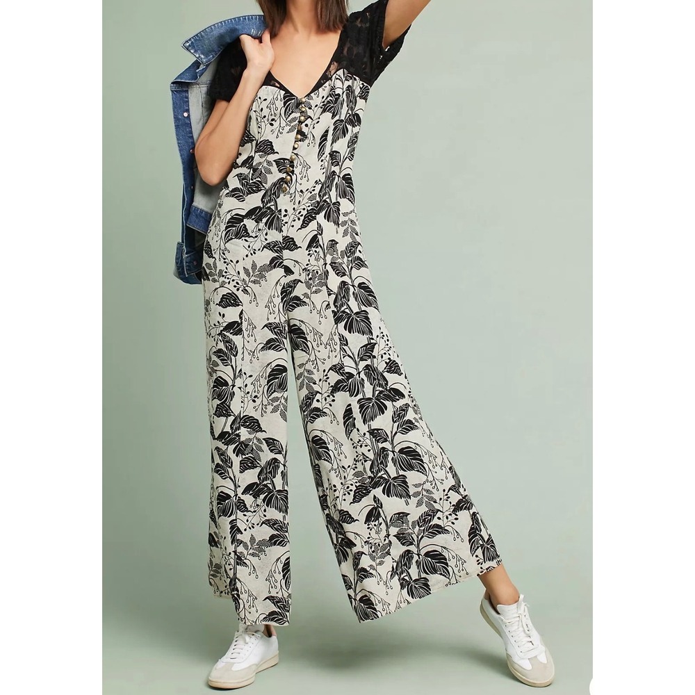 MAEVE anthropologie Black Cream Floral Windsor Lace Wide Leg Jumpsuit 12
